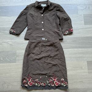 Le Suit Skirt Set Women 10 Brown Floral Embroidered Linen Rayon Vintage Career